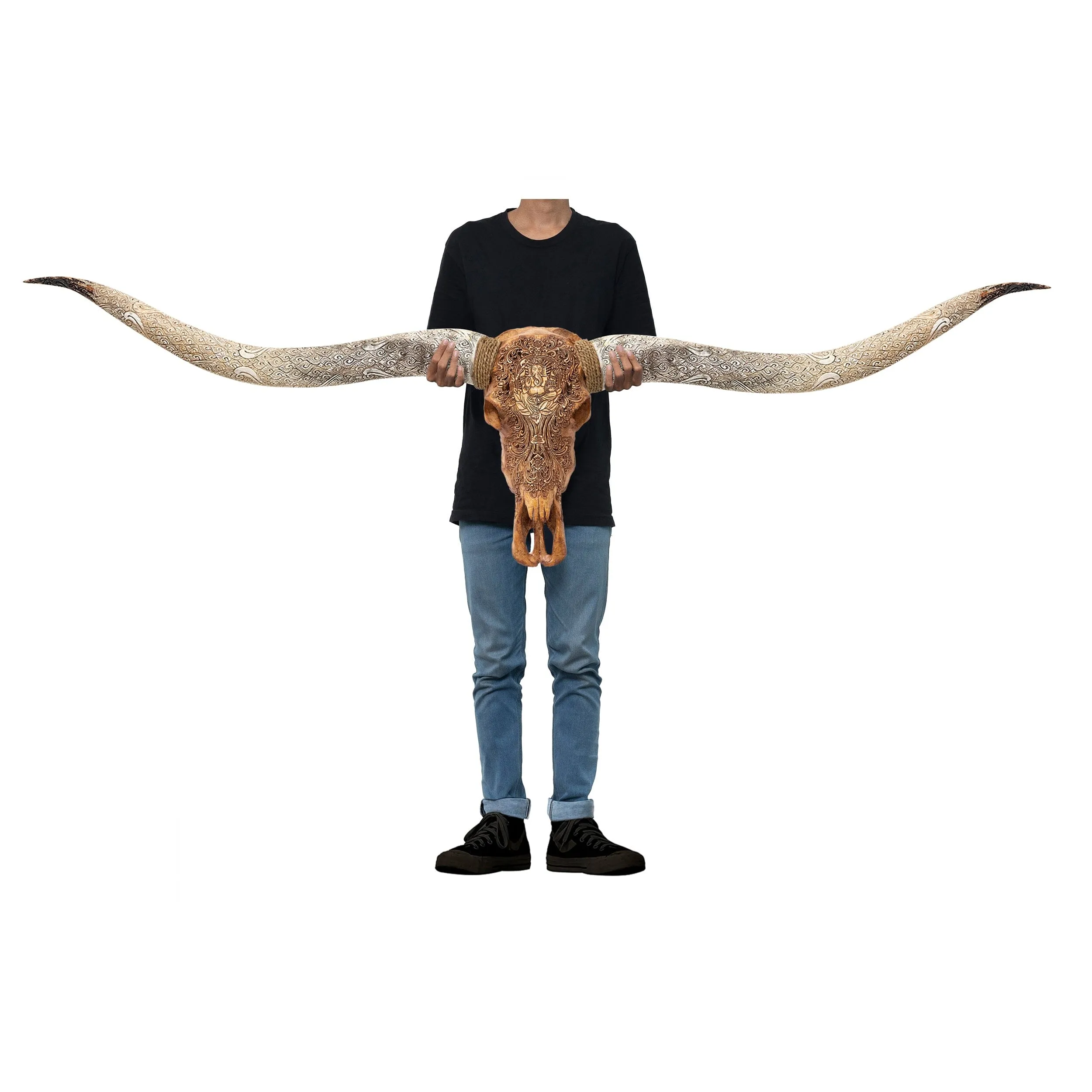Hand Carved Longhorn Skull // XL Horns - Antique Ganesha