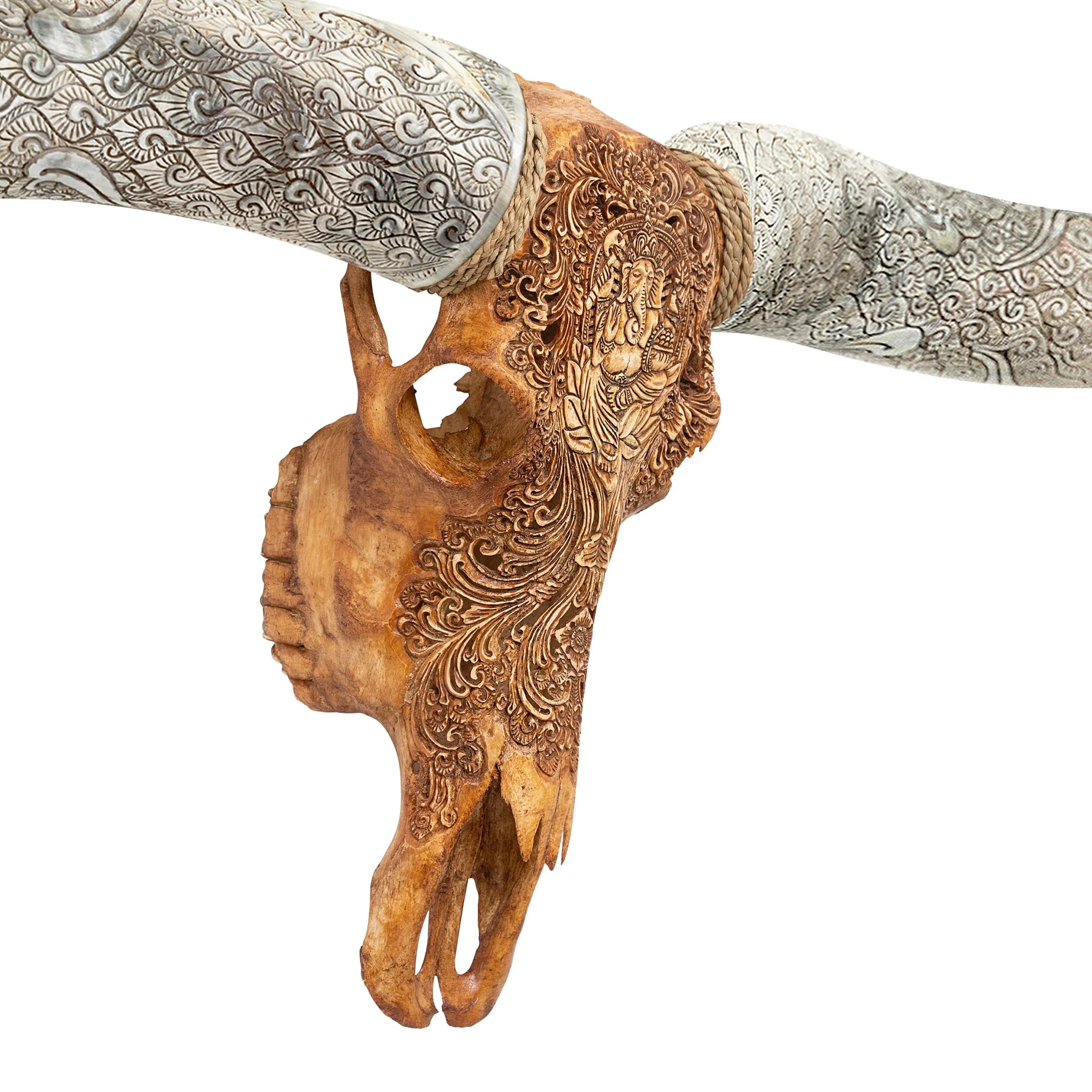 Hand Carved Longhorn Skull // XL Horns - Antique Ganesha