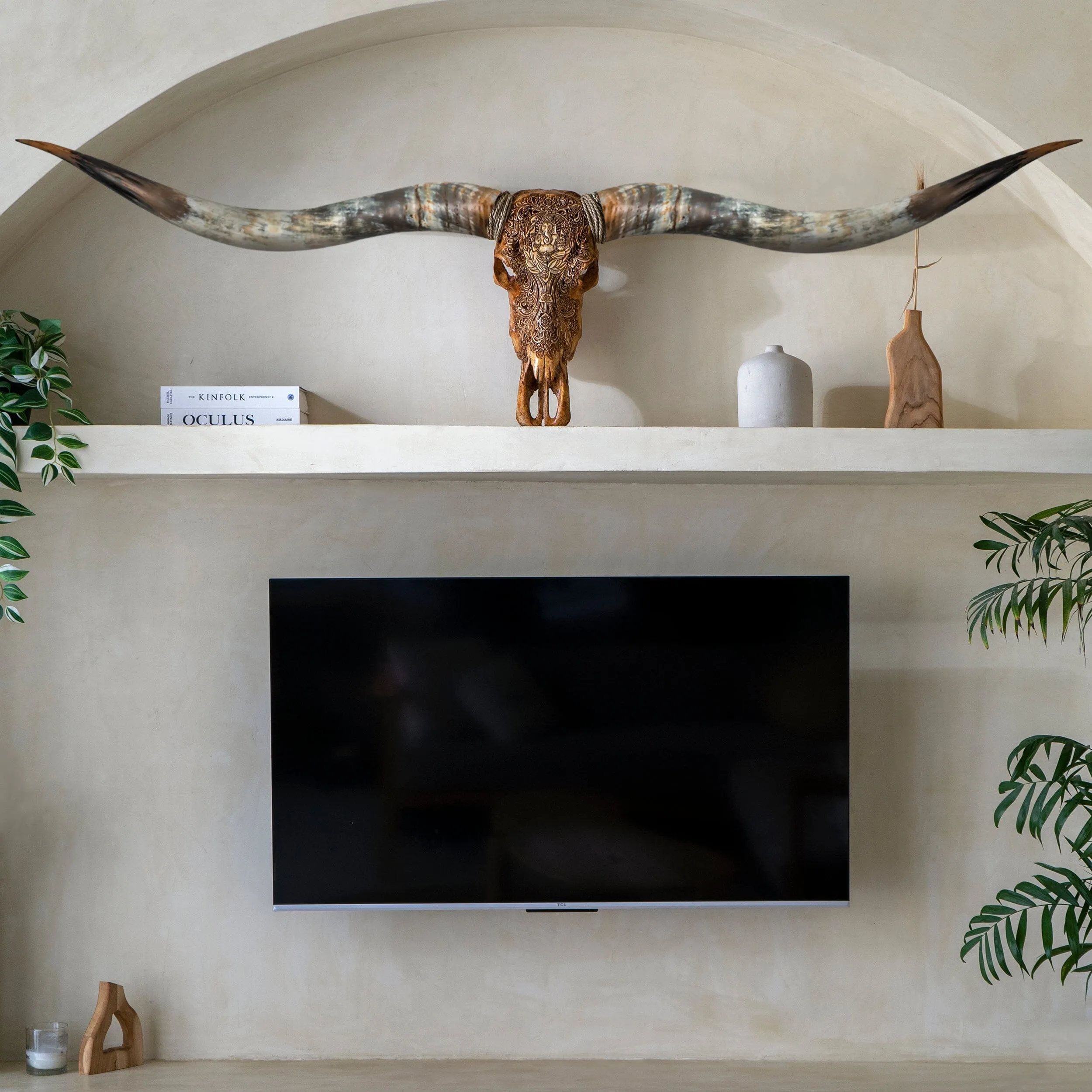 Hand Carved Longhorn Skull // XL Horns - Antique Ganesha