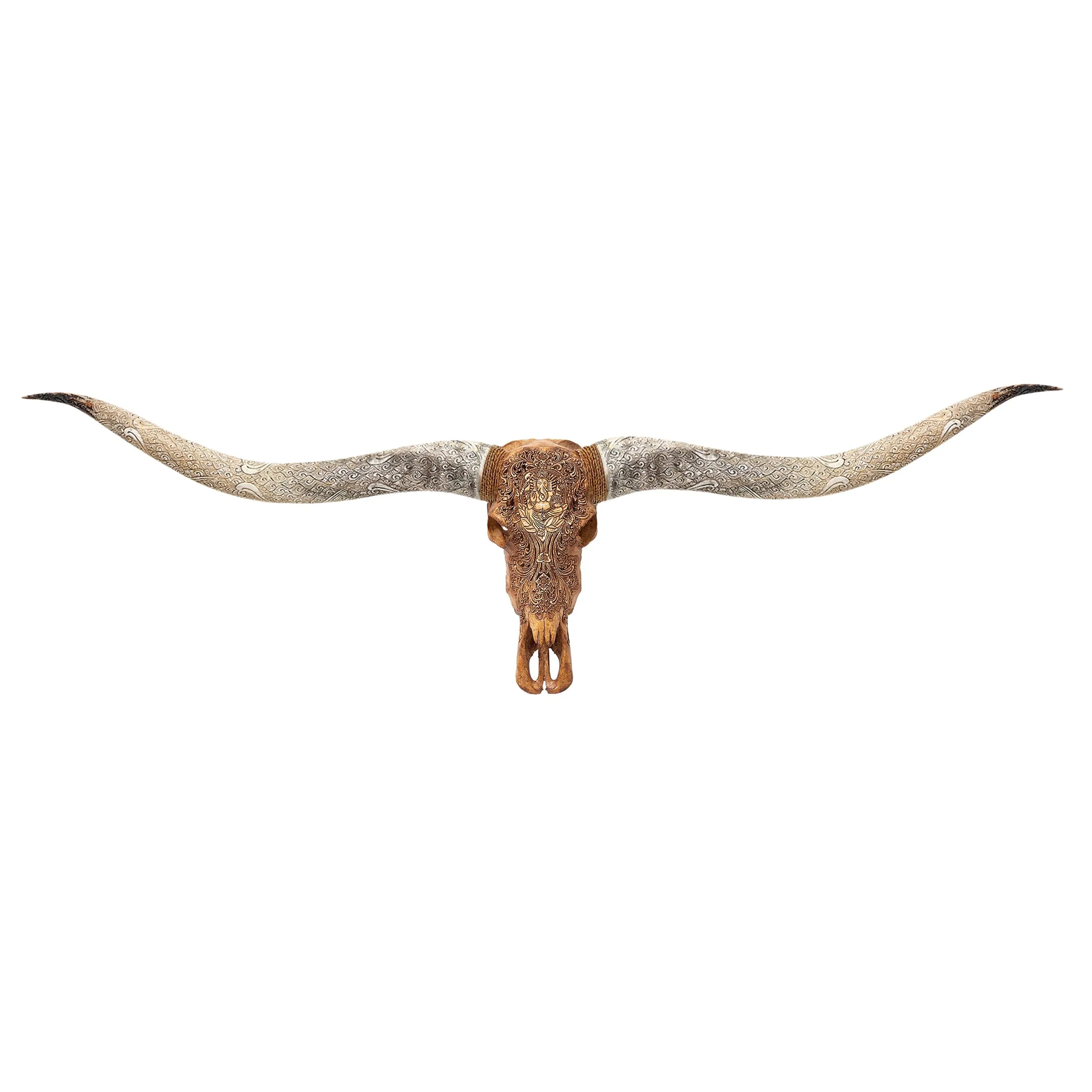 Hand Carved Longhorn Skull // XL Horns - Antique Ganesha
