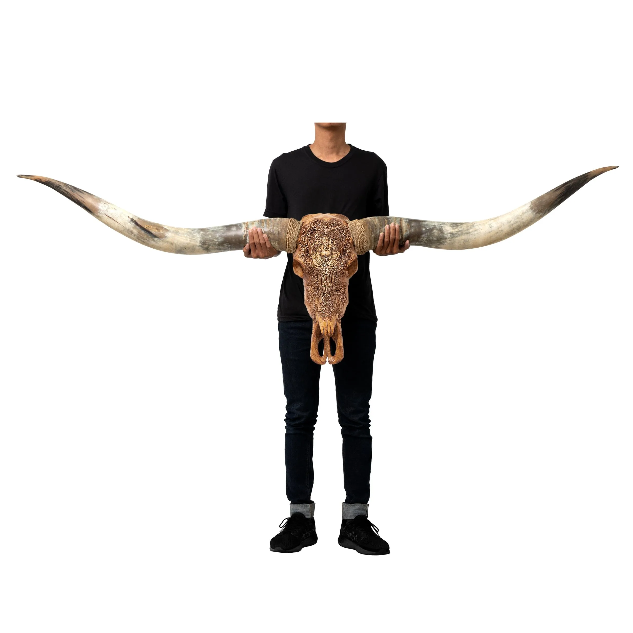 Hand Carved Longhorn Skull // XL Horns - Antique Ganesha