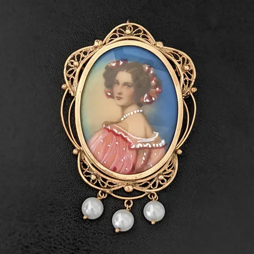 HAND PAINTED VINTAGE PORTRAIT PENDANT 14K YELLOW GOLD PEARL FILIGREE NECKLACE