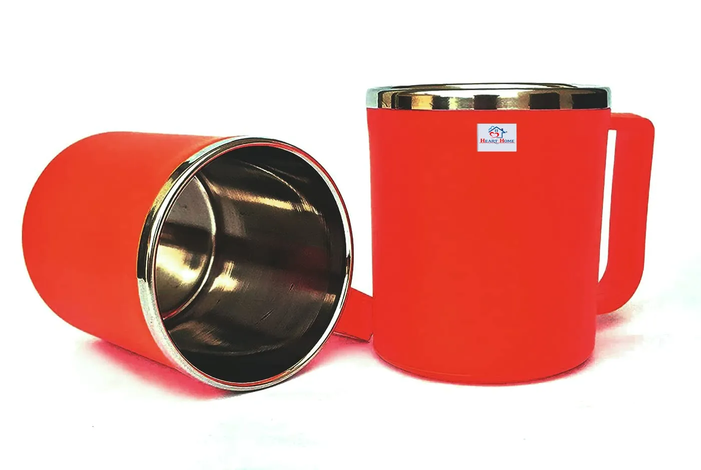 Heart Home Medium Size Plastic Steel Cups for Coffee Tea Cocoa, Camping Mugs with Handle, Portable & Easy Clean, Set of 2 (Red & Orange)