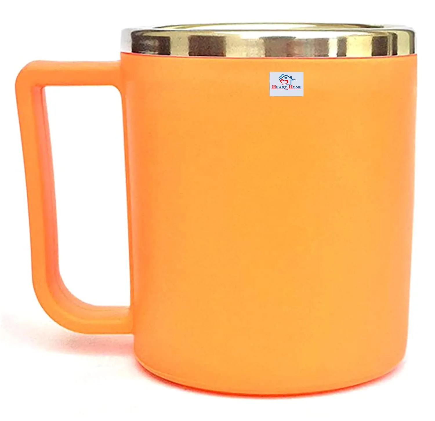 Heart Home Medium Size Plastic Steel Cups for Coffee Tea Cocoa, Camping Mugs with Handle, Portable & Easy Clean, Set of 2 (Red & Orange)