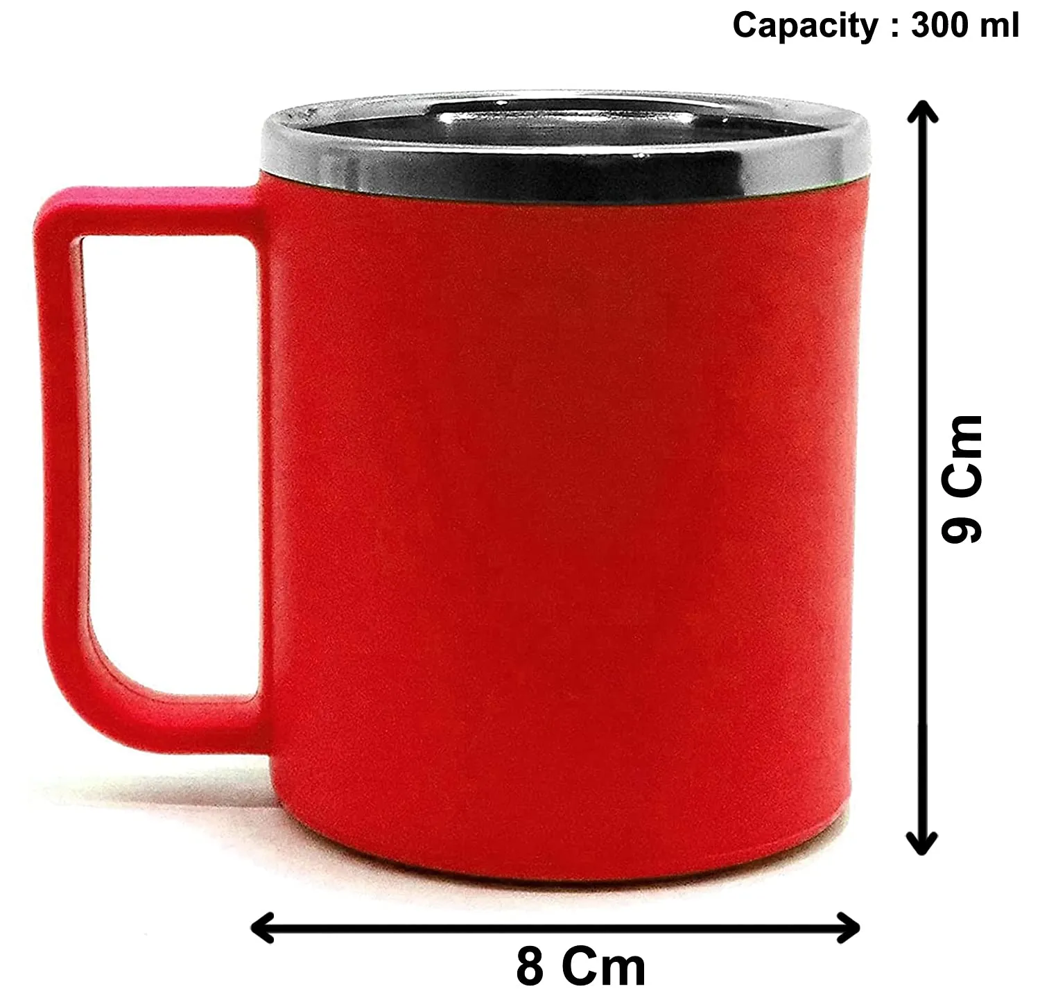 Heart Home Medium Size Plastic Steel Cups for Coffee Tea Cocoa, Camping Mugs with Handle, Portable & Easy Clean, Set of 2 (Red & Orange)