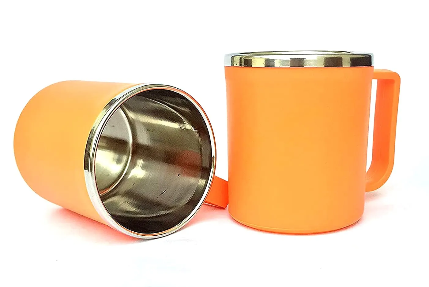 Heart Home Medium Size Plastic Steel Cups for Coffee Tea Cocoa, Camping Mugs with Handle, Portable & Easy Clean, Set of 2 (Red & Orange)