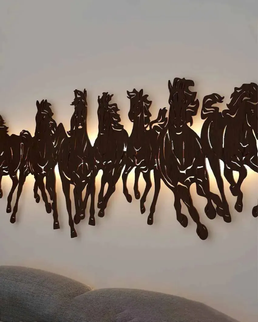 Illuminated Art Seven Horses Decorative Wooden Wall Hanging | 36 x 15 inches
