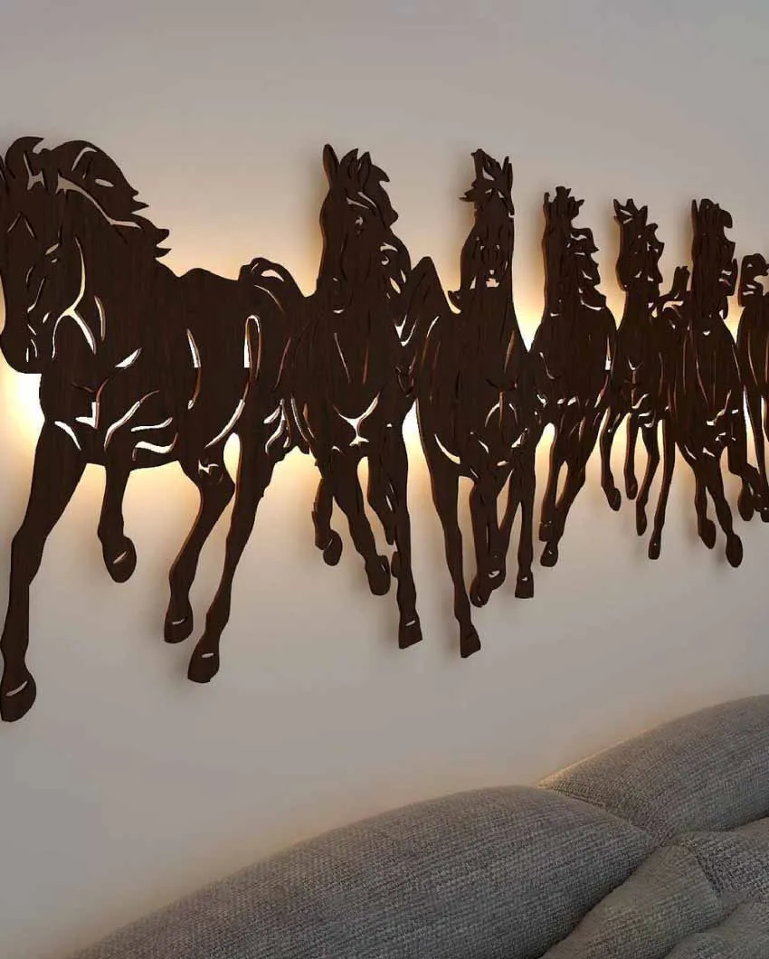 Illuminated Art Seven Horses Decorative Wooden Wall Hanging | 36 x 15 inches