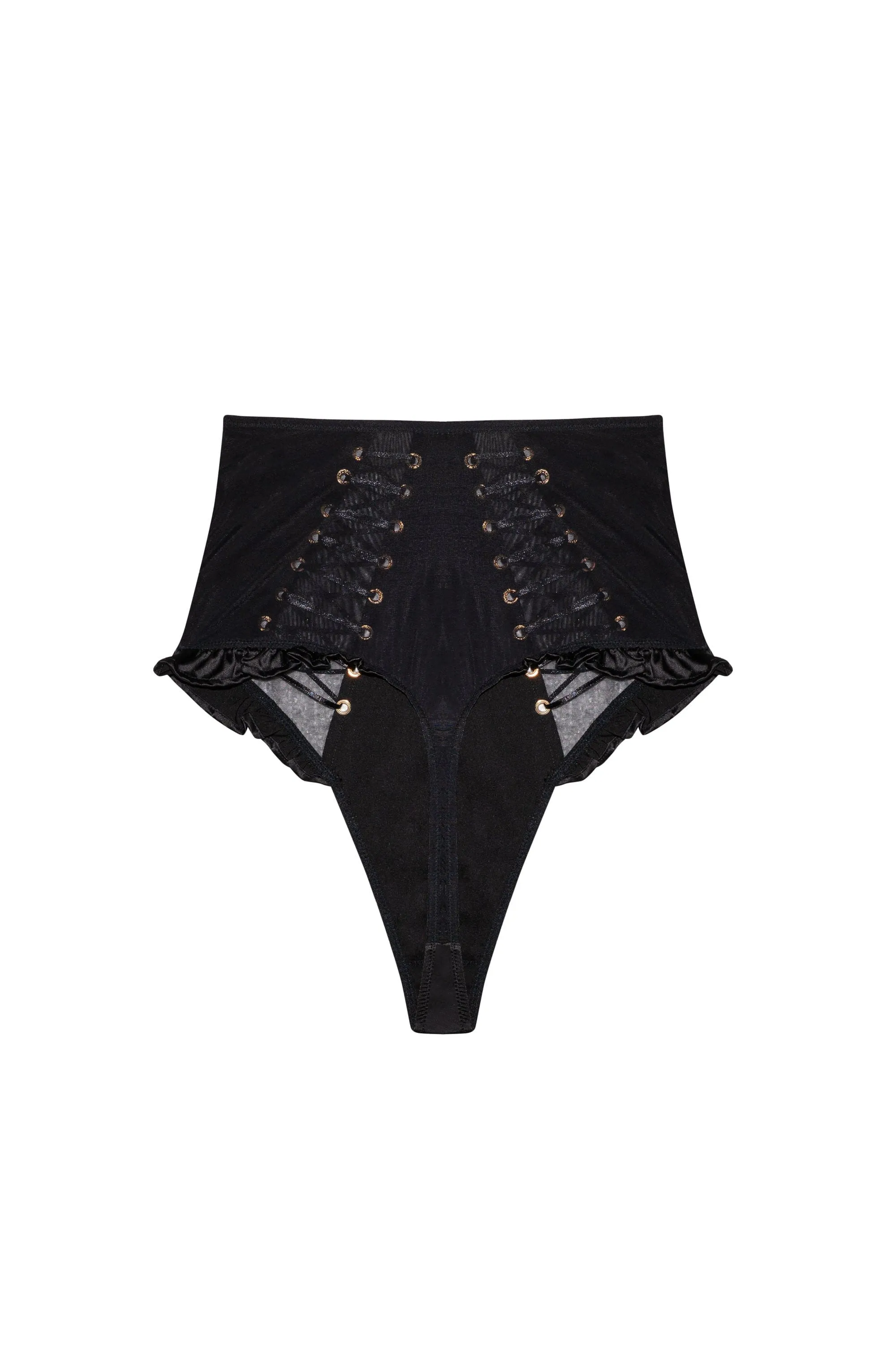 Marina Black Satin Lace-Up High Waisted Thong