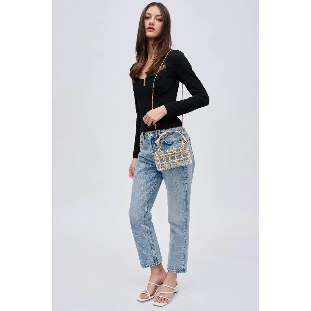 Mavis Woven Knot Clear Lucite Plexi Box Clutch Bag on Crossbody Chain - Gold