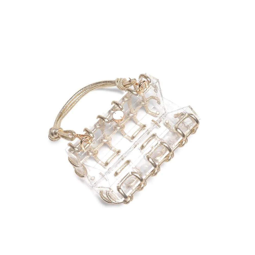 Mavis Woven Knot Clear Lucite Plexi Box Clutch Bag on Crossbody Chain - Gold