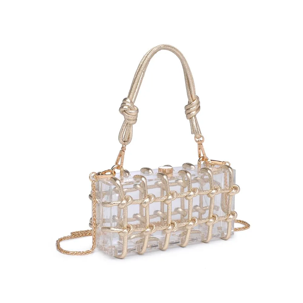 Mavis Woven Knot Clear Lucite Plexi Box Clutch Bag on Crossbody Chain - Gold
