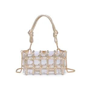 Mavis Woven Knot Clear Lucite Plexi Box Clutch Bag on Crossbody Chain - Gold