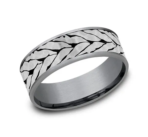 Men's 7.5mm Tantalum and Titanium Hammered Chevron Pattern Ring