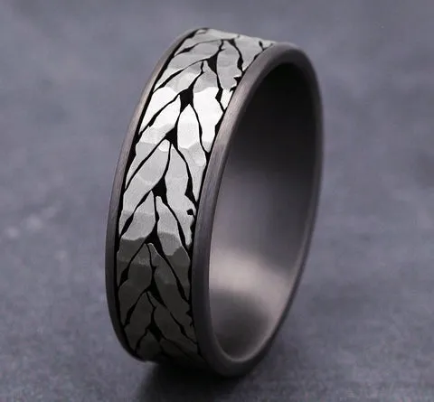 Men's 7.5mm Tantalum and Titanium Hammered Chevron Pattern Ring