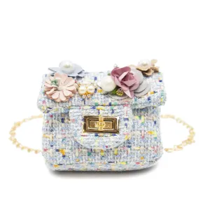 Mini Tweed Pearly Florals Blue Crossbody Bag