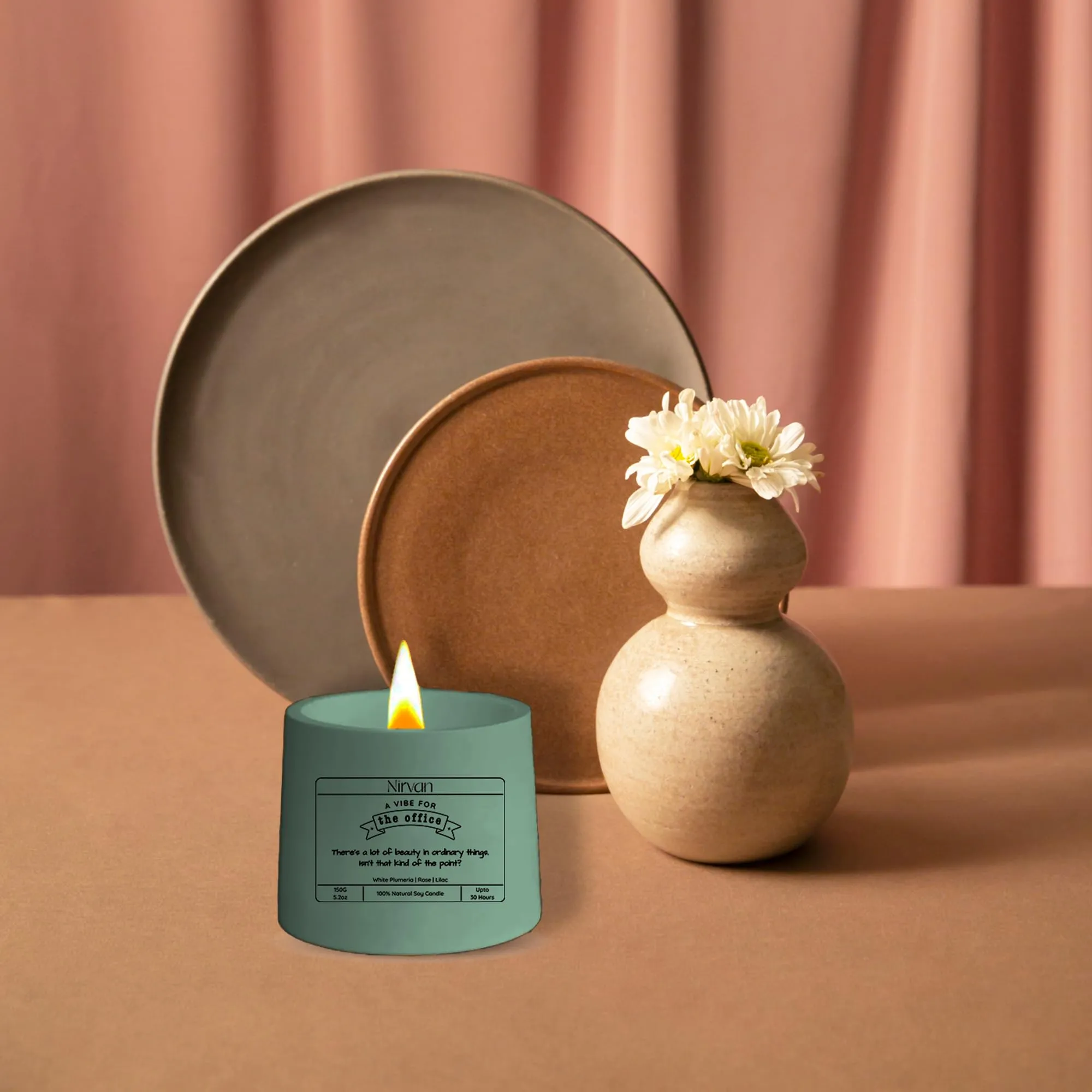 Nirvan The Office Scented Candle, Aromatic Fragrance of White Plumeria, Rose & Lilac, 150gm of Soy Wax, Up to 32 Hours, Eco-Friendly Aesthetic Jar