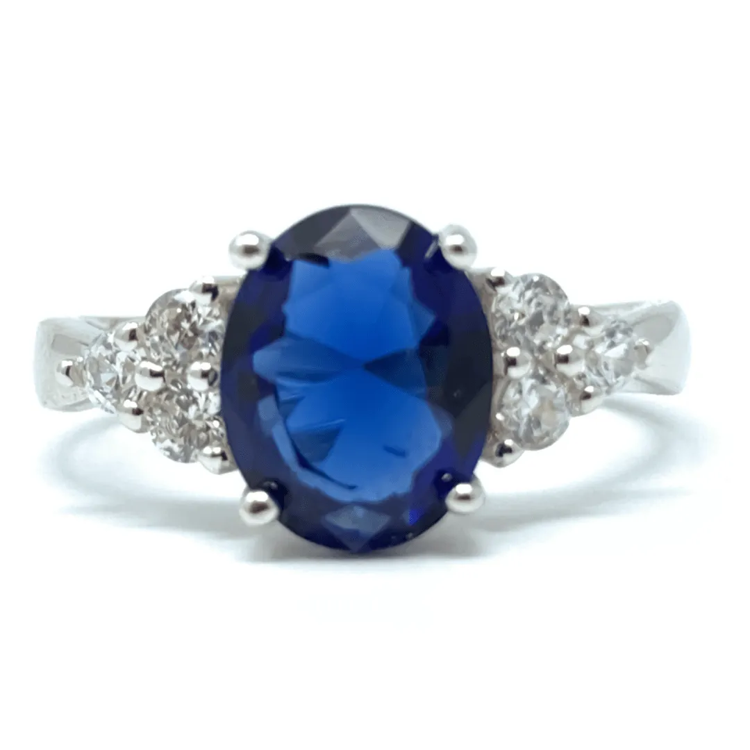 Oval Blue Sapphire & CZ .925 Sterling Silver Ring