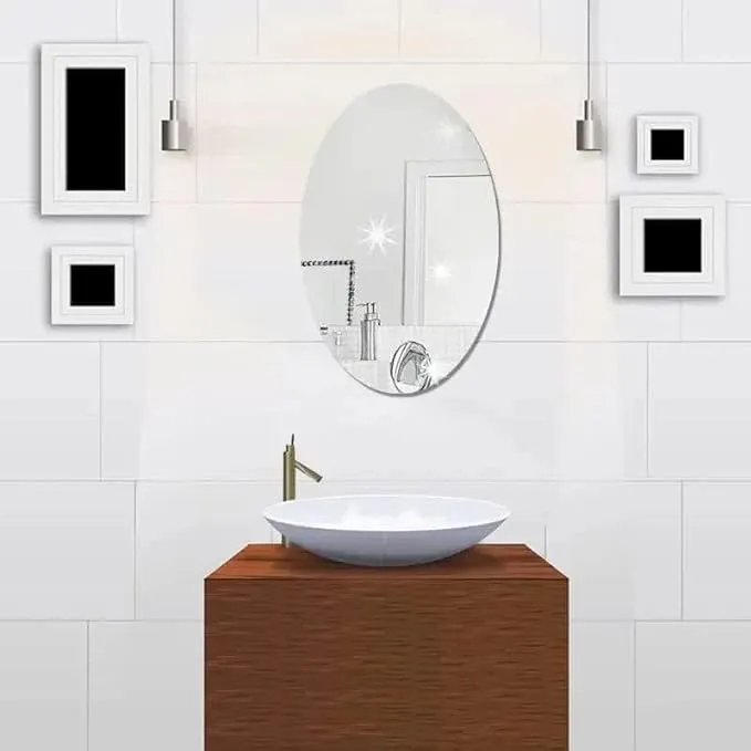 Oval Shape Adhesive Mirror Sticker for Wall on Tiles Bathroom Bedroom Living Room Basin Mirror Bathroom Wall Mirror Stickers Unbreakable Plastic Vanity Mirror, Dressing Table Makeup Mirror (B22)