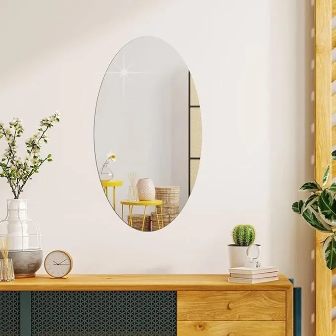 Oval Shape Adhesive Mirror Sticker for Wall on Tiles Bathroom Bedroom Living Room Basin Mirror Bathroom Wall Mirror Stickers Unbreakable Plastic Vanity Mirror, Dressing Table Makeup Mirror (B22)