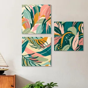 Painting Mantra Stretched Canvas Painting Botanical Abstract Leaf for Living Room, Wall Decoration Abstract Modern Colorful Aesthetic Home Décor (Set of 3, Size: 12x12 Inch)