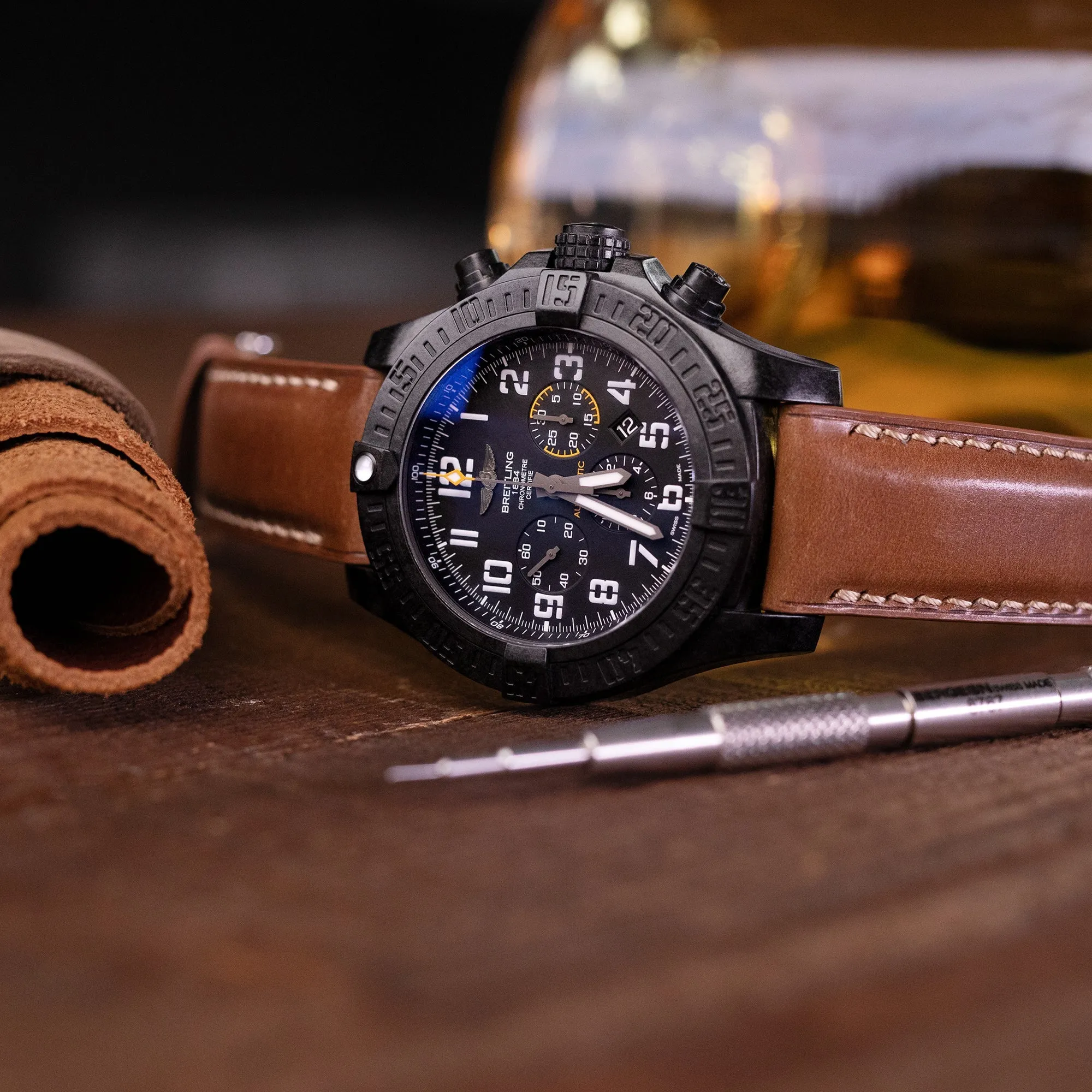 Pam Collection, Bourbon Horween Genuine Shell Cordovan Leather Watch Strap for Panerai, Beige Stitch.