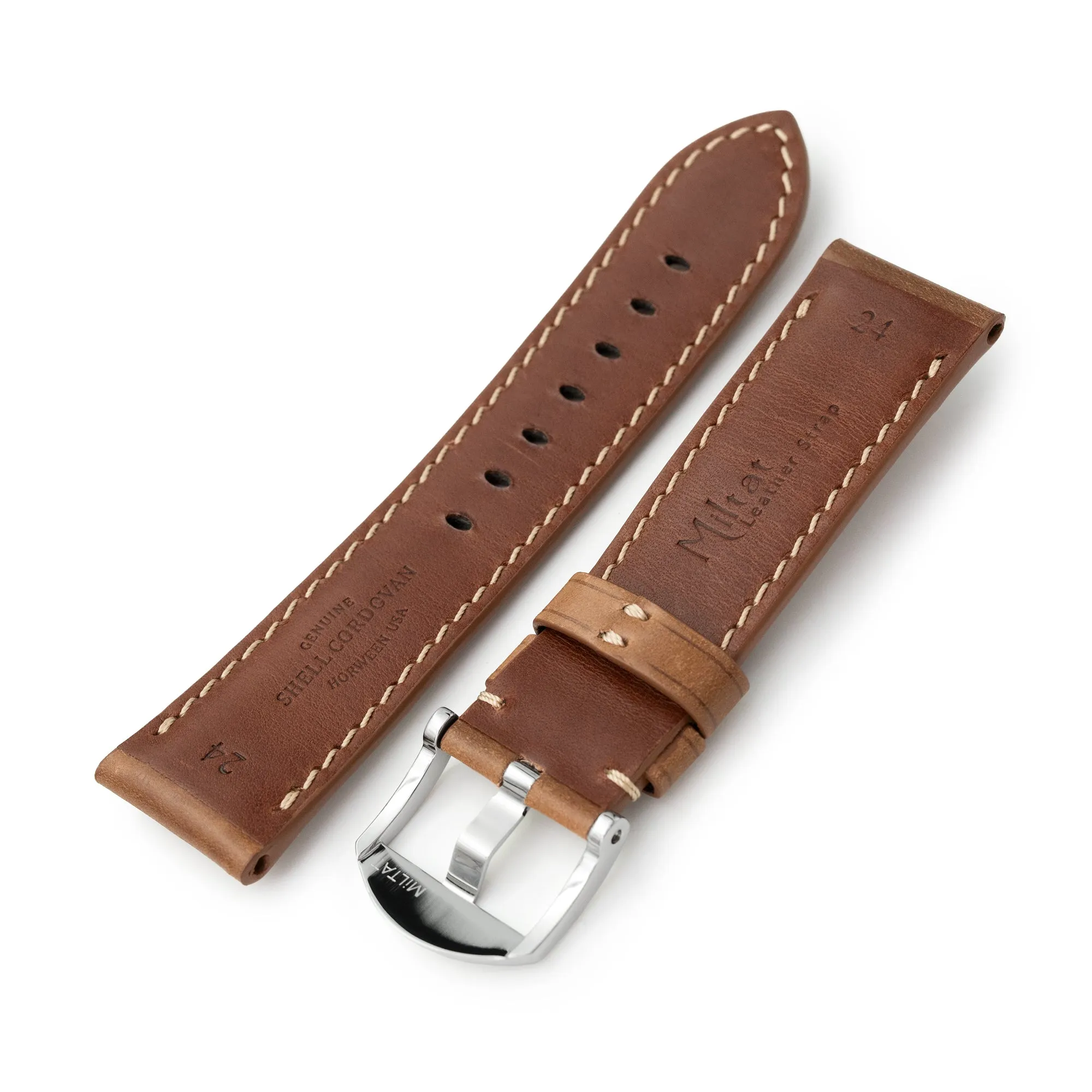 Pam Collection, Bourbon Horween Genuine Shell Cordovan Leather Watch Strap for Panerai, Beige Stitch.