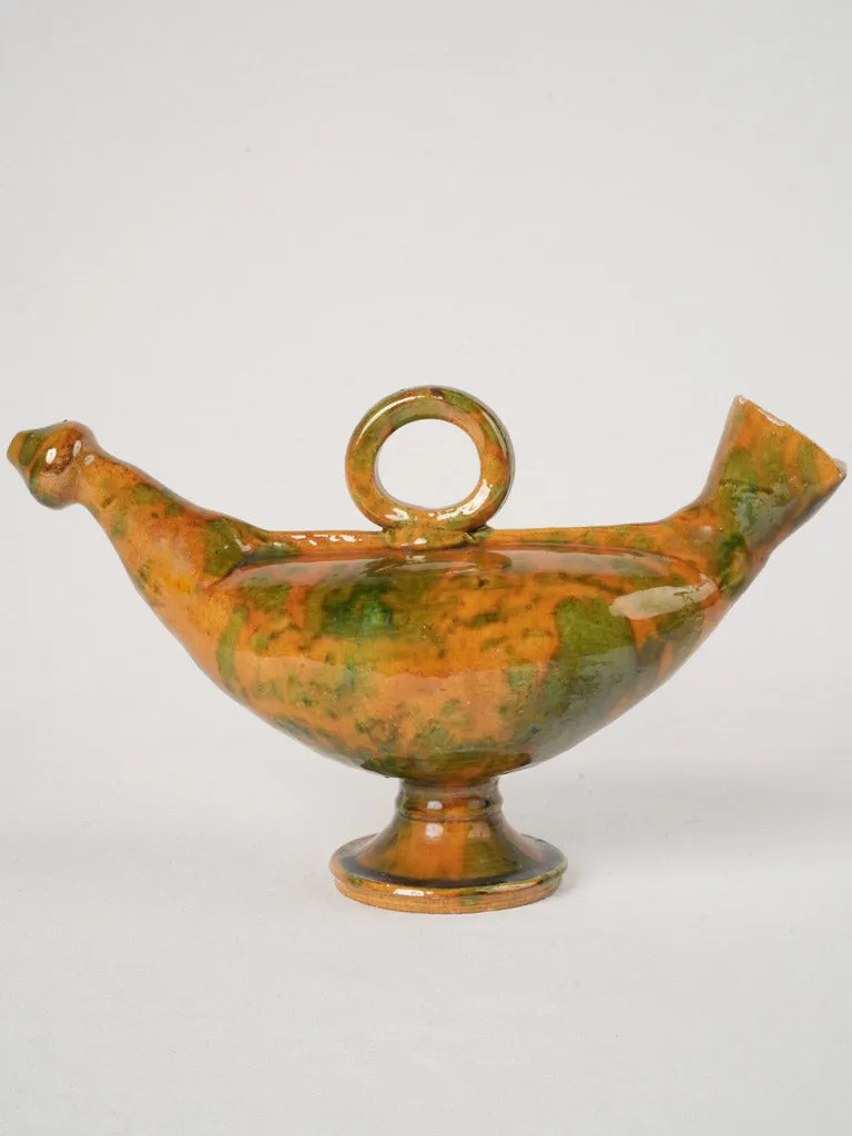Rare "Poule d'eau" Jug with Ochre and Green Glaze from the early 20th, 9"