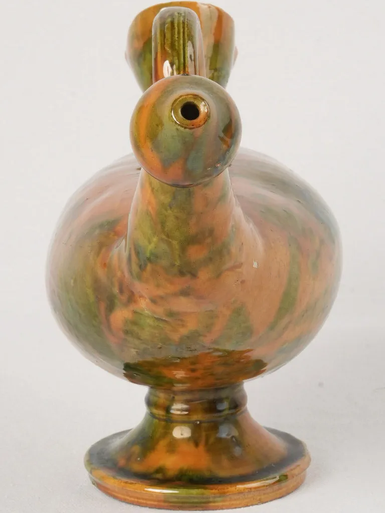 Rare "Poule d'eau" Jug with Ochre and Green Glaze from the early 20th, 9"