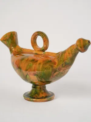 Rare "Poule d'eau" Jug with Ochre and Green Glaze from the early 20th, 9"