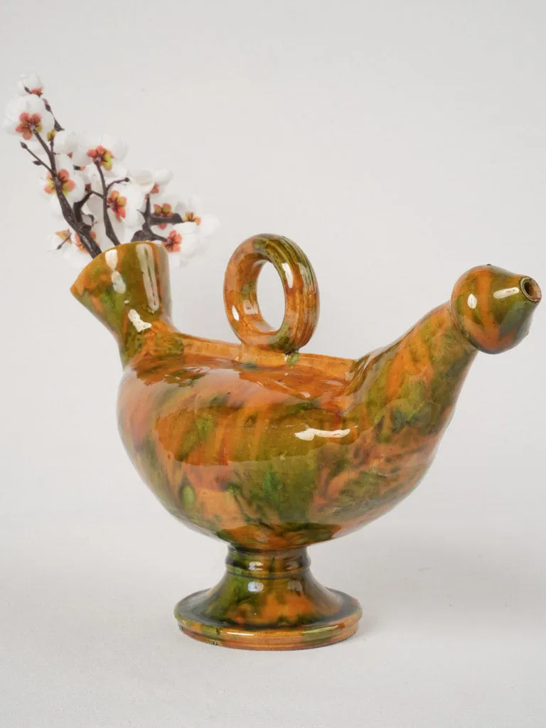 Rare "Poule d'eau" Jug with Ochre and Green Glaze from the early 20th, 9"