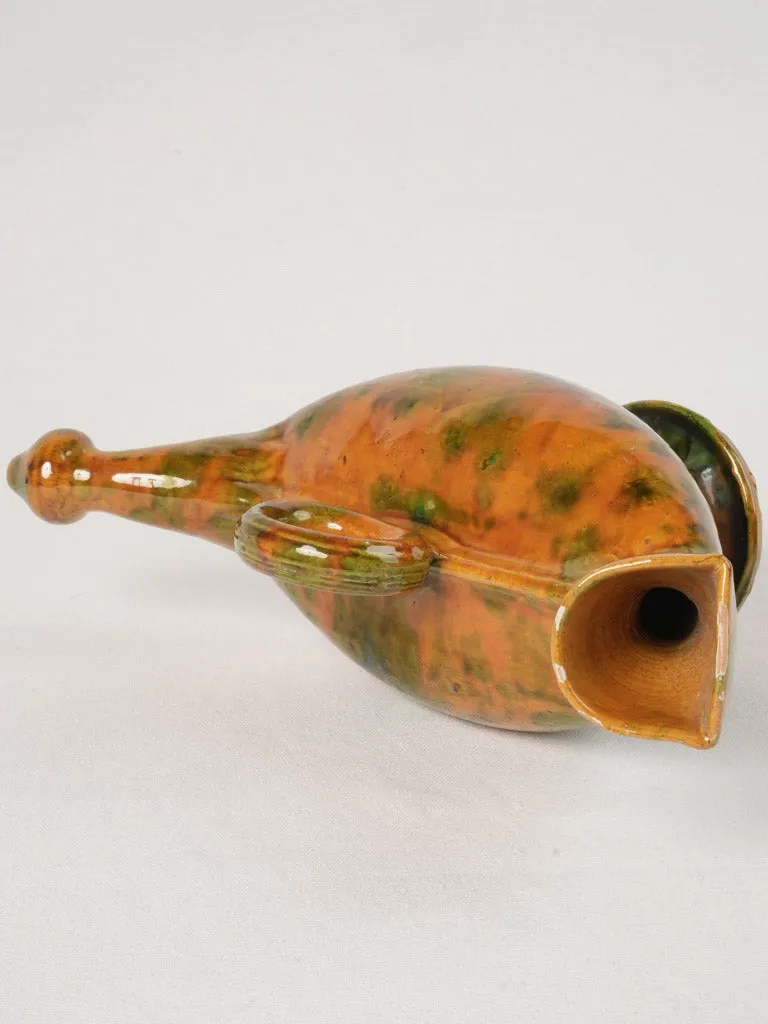 Rare "Poule d'eau" Jug with Ochre and Green Glaze from the early 20th, 9"