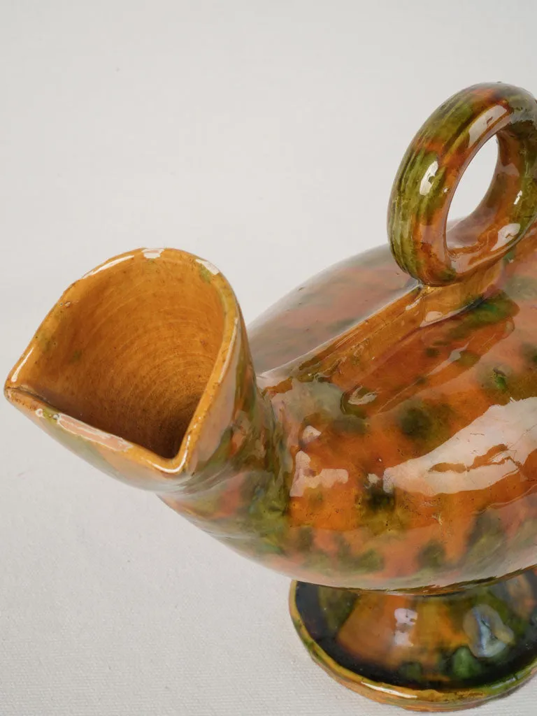Rare "Poule d'eau" Jug with Ochre and Green Glaze from the early 20th, 9"