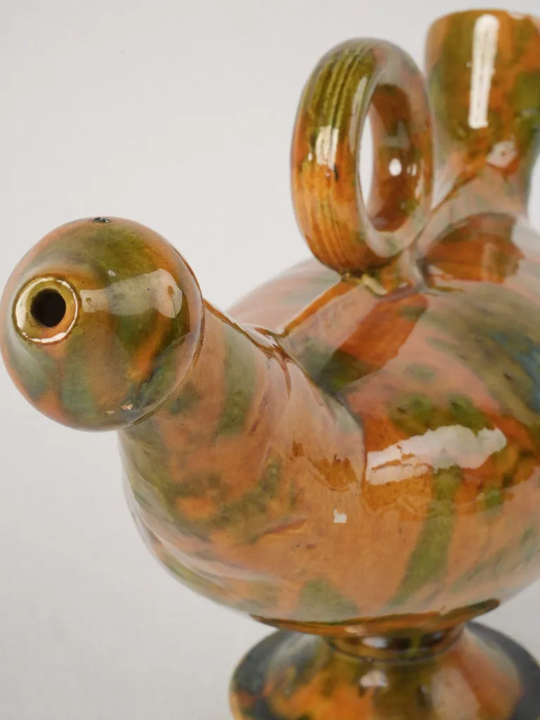 Rare "Poule d'eau" Jug with Ochre and Green Glaze from the early 20th, 9"