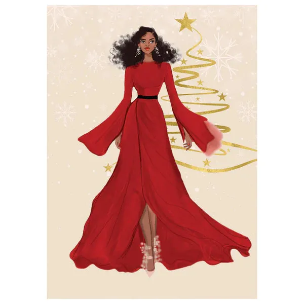 RED DRESS GLAMOROUS CHRISTMAS CARD
