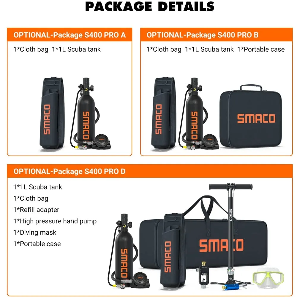 SMACO S400Pro Mini Scuba Diving Tank/Equipment Set Mini Oxygen Cylinder Respirator Air Tank Hand Pump 1L Oxygen Cylinder Diving