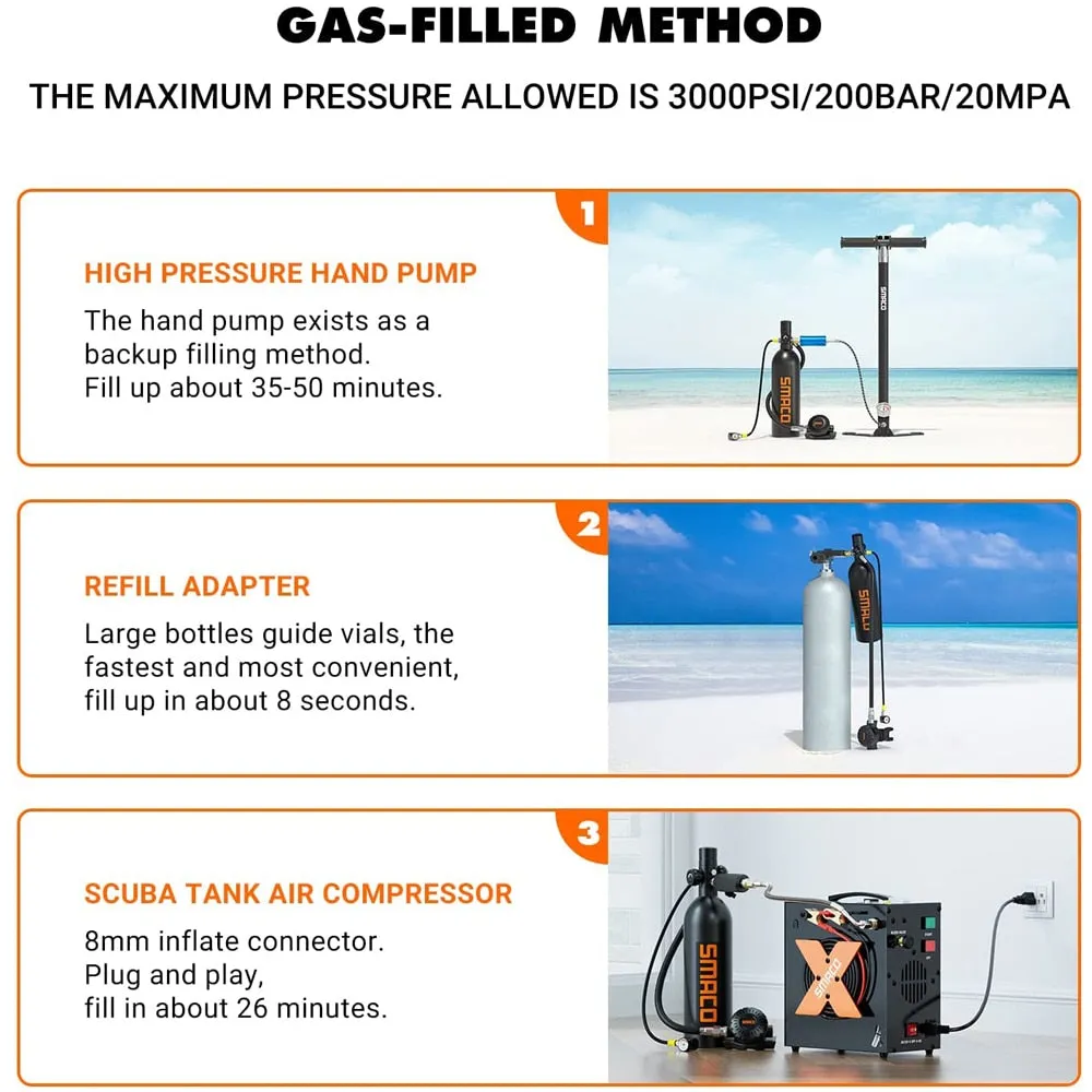 SMACO S400Pro Mini Scuba Diving Tank/Equipment Set Mini Oxygen Cylinder Respirator Air Tank Hand Pump 1L Oxygen Cylinder Diving