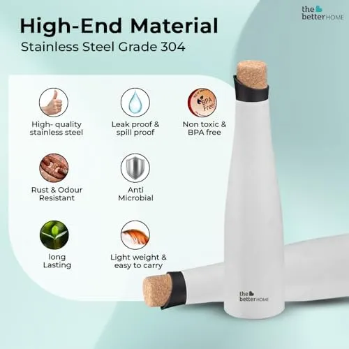 The Better Home Insulated Stainless Steel Water Bottle 750ml | 18 Hours Insulation Cork Cap | Hot Cold Gym Office School | Airtight Leak Proof BPA Free | White Colour | 1 Bottle Pack