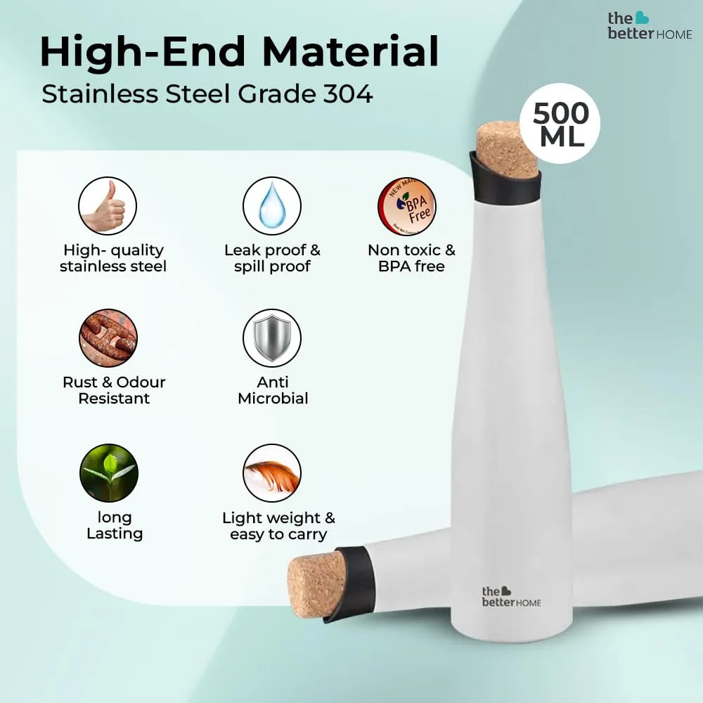 The Better Home Insulated Stainless Steel Water Bottle with Cork Cap | 18 Hours Insulation | Pack of 6-500ml Each | Hot Cold Water for Office School Gym | Leak Proof & BPA Free | White Colour