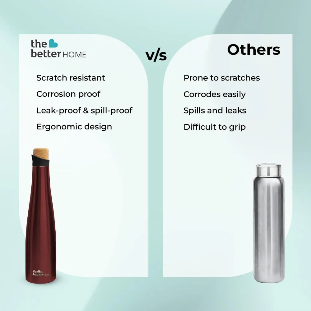 The Better Home Insulated Stainless Steel Water Bottle With Cork Cap | 18 Hours Insulation | Pack Of 7-500ml Each | Hot Cold Water For Office School Gym | Leak Proof & BPA Free | Wine Colour