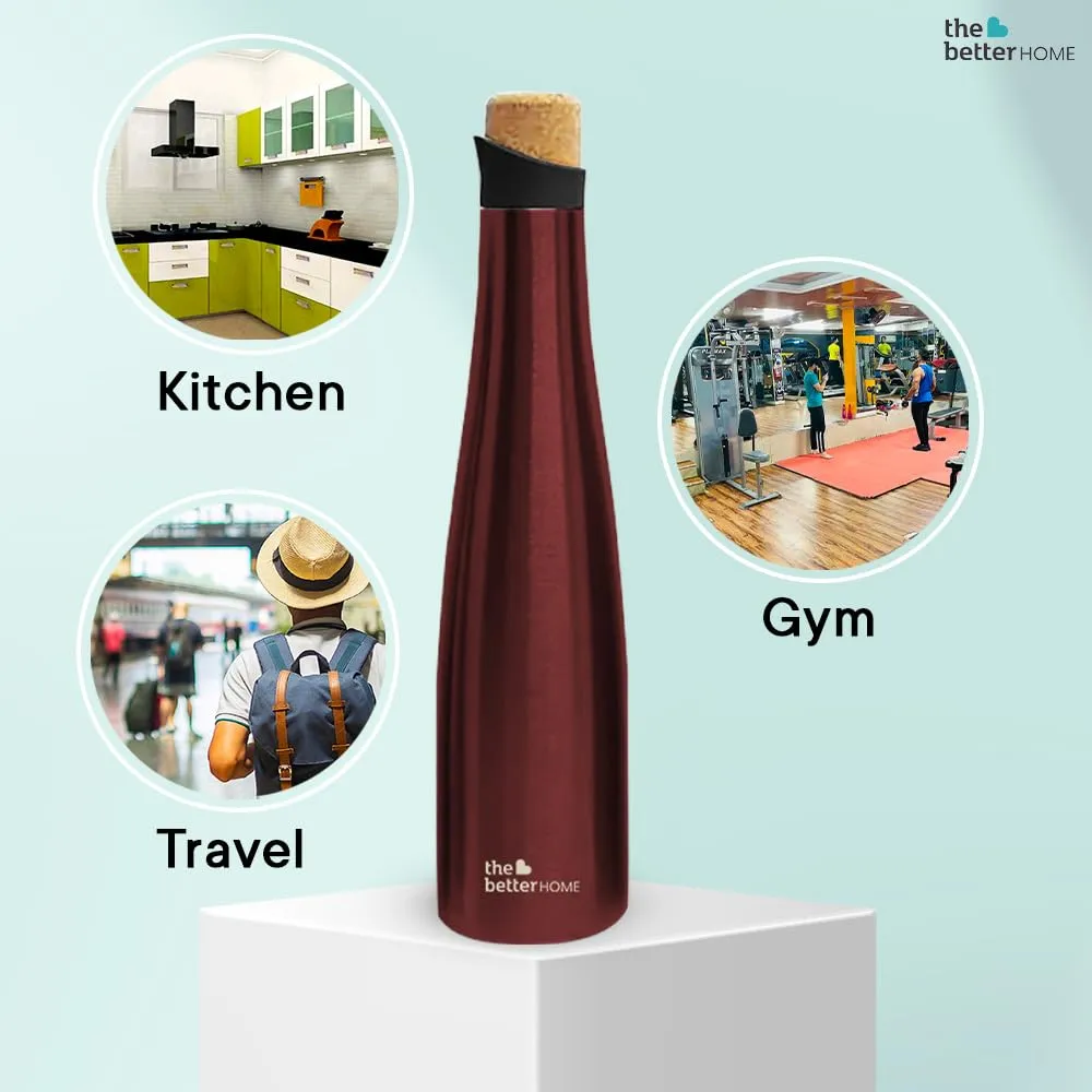 The Better Home Insulated Stainless Steel Water Bottle With Cork Cap | 18 Hours Insulation | Pack Of 7-500ml Each | Hot Cold Water For Office School Gym | Leak Proof & BPA Free | Wine Colour