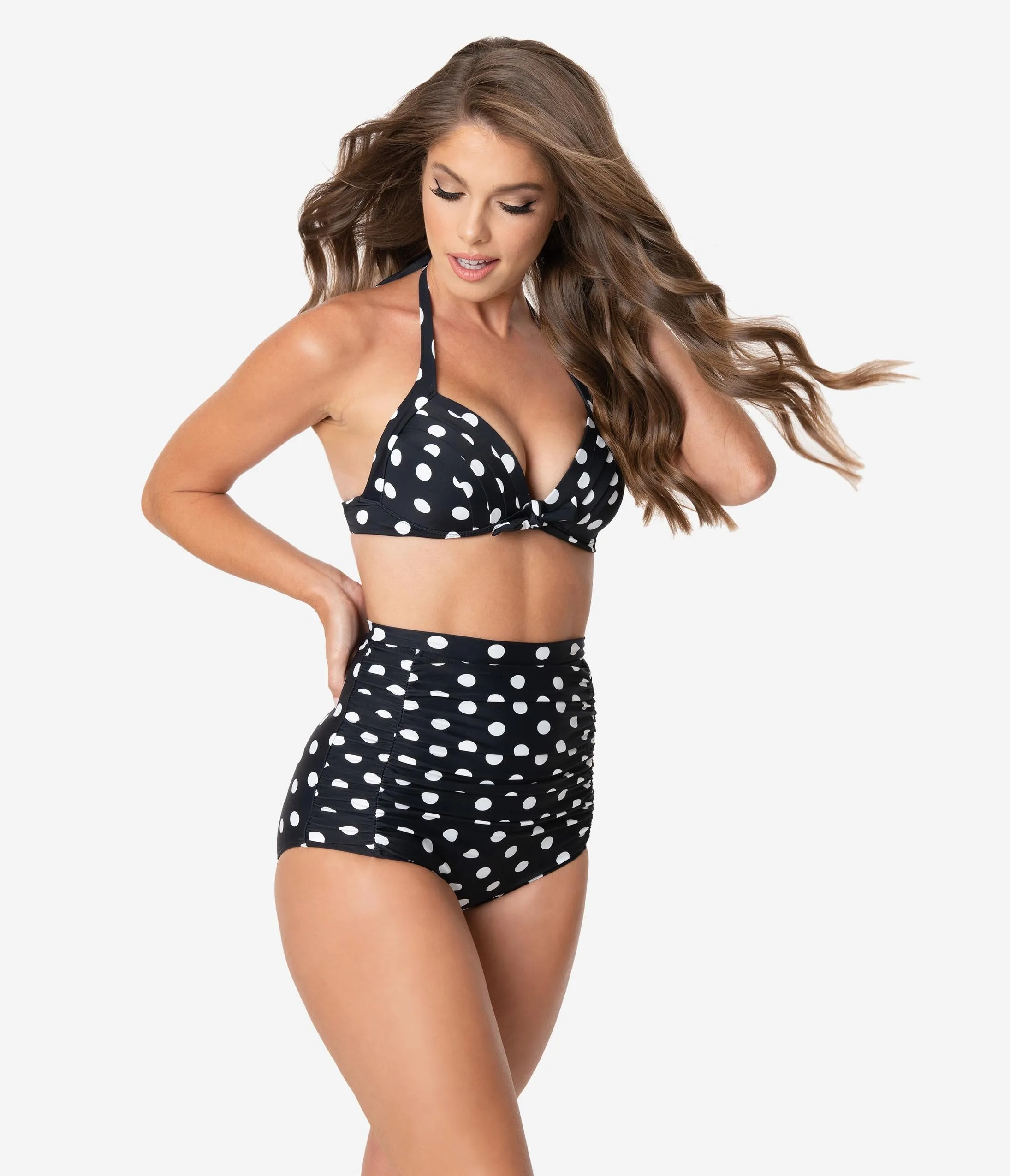 Unique Vintage Black & White Polka Dot Print Monroe Halter Bikini Top