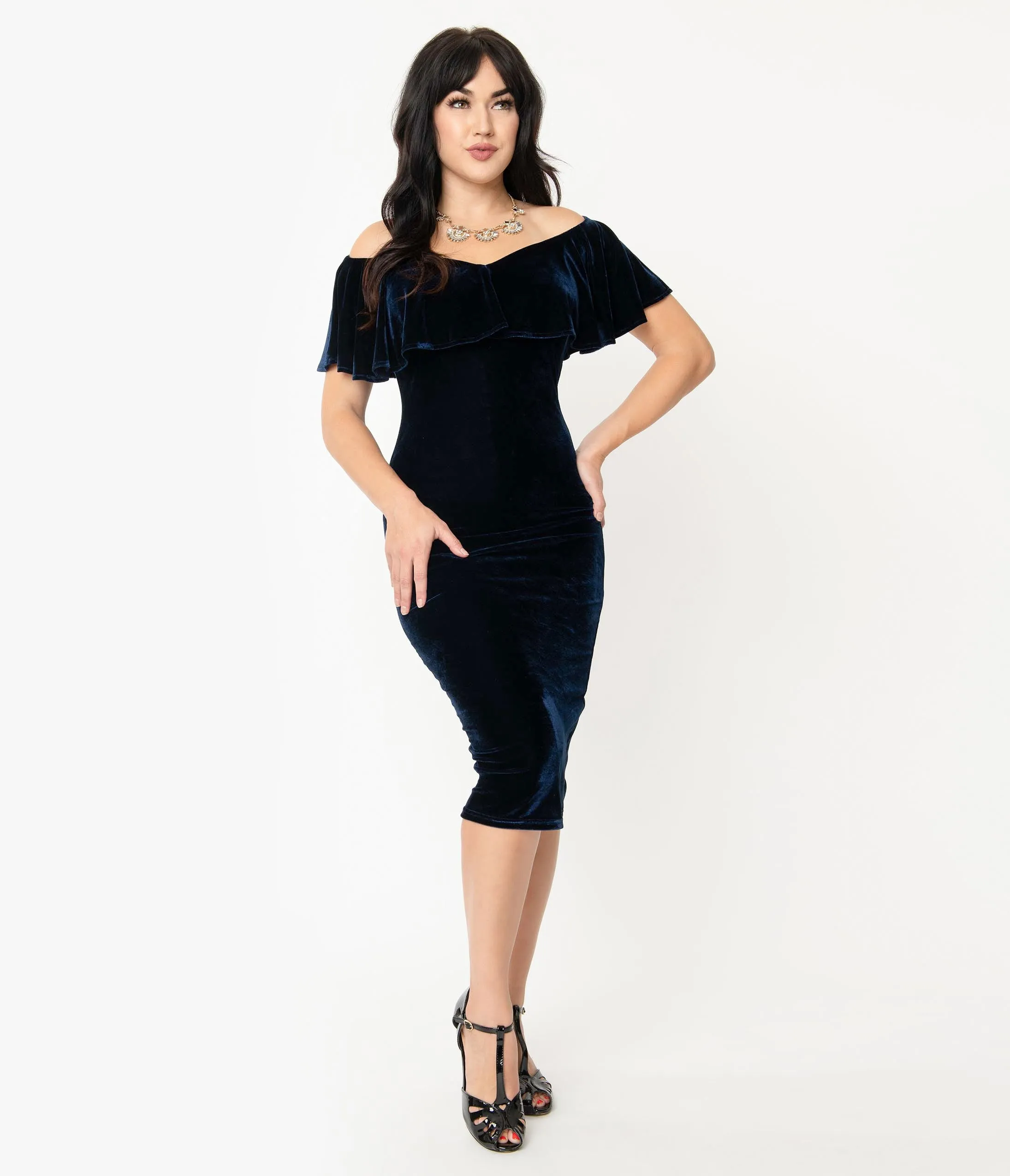 Unique Vintage Navy Blue Velvet Off Shoulder Sophia Wiggle Dress