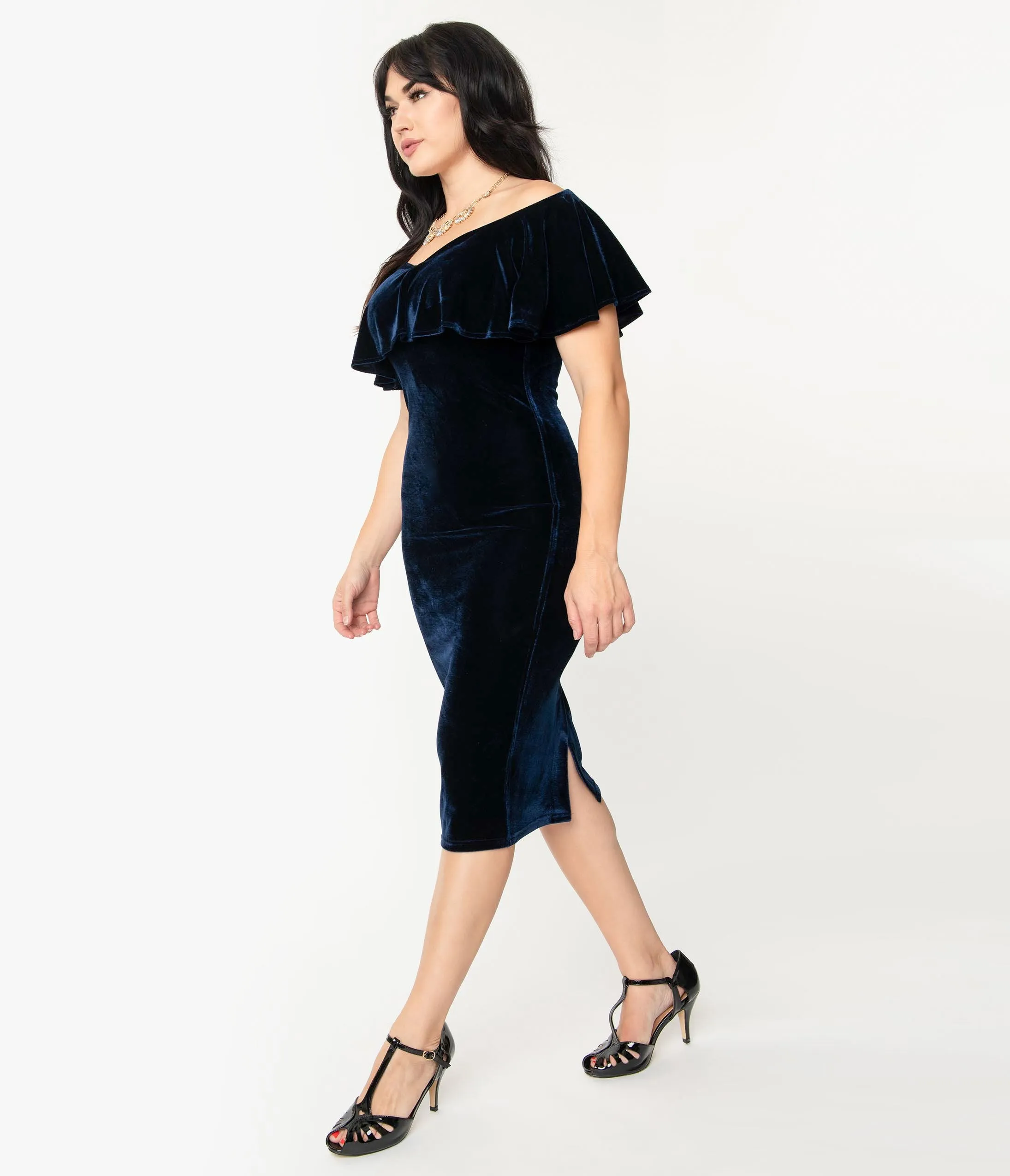 Unique Vintage Navy Blue Velvet Off Shoulder Sophia Wiggle Dress