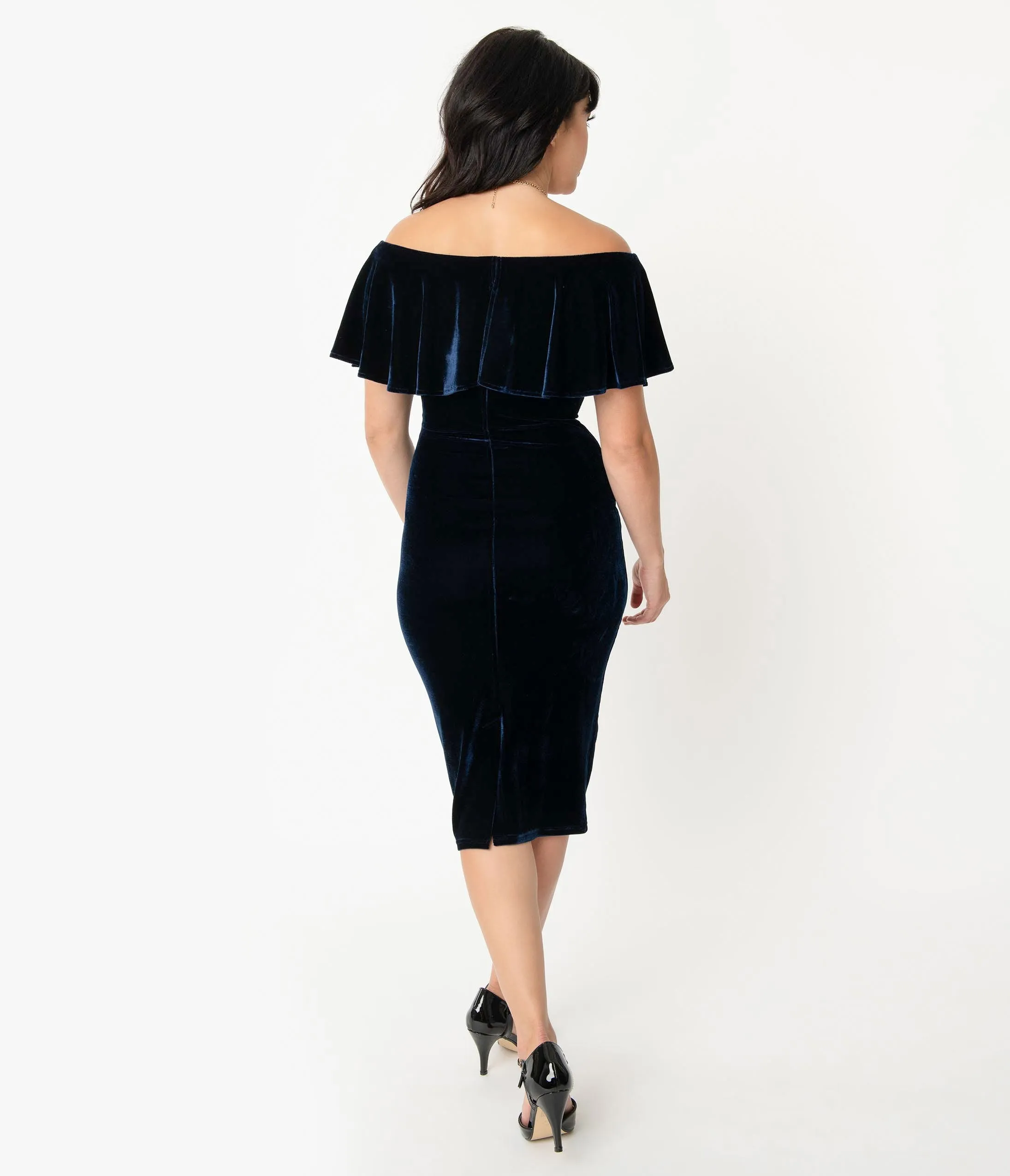 Unique Vintage Navy Blue Velvet Off Shoulder Sophia Wiggle Dress