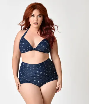 Unique Vintage Plus Size Navy & White Anchor Monroe Swim Top