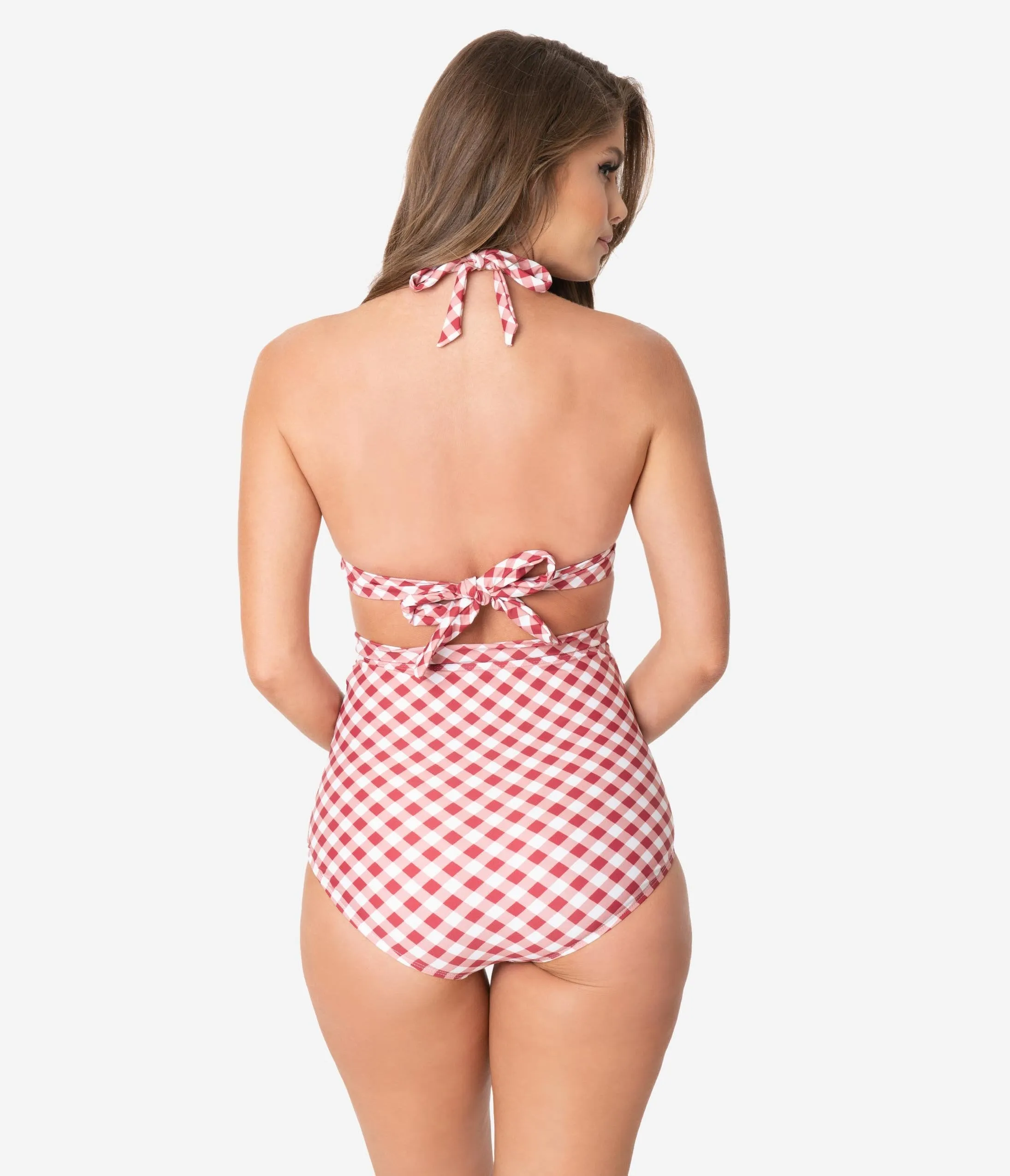 Unique Vintage Red & White Gingham Print Monroe Halter Swim Top