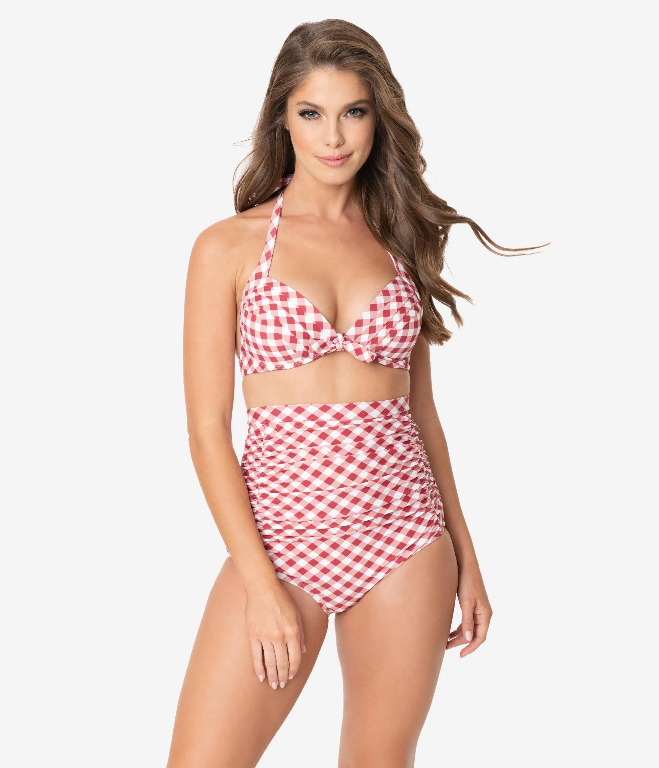 Unique Vintage Red & White Gingham Print Monroe Halter Swim Top