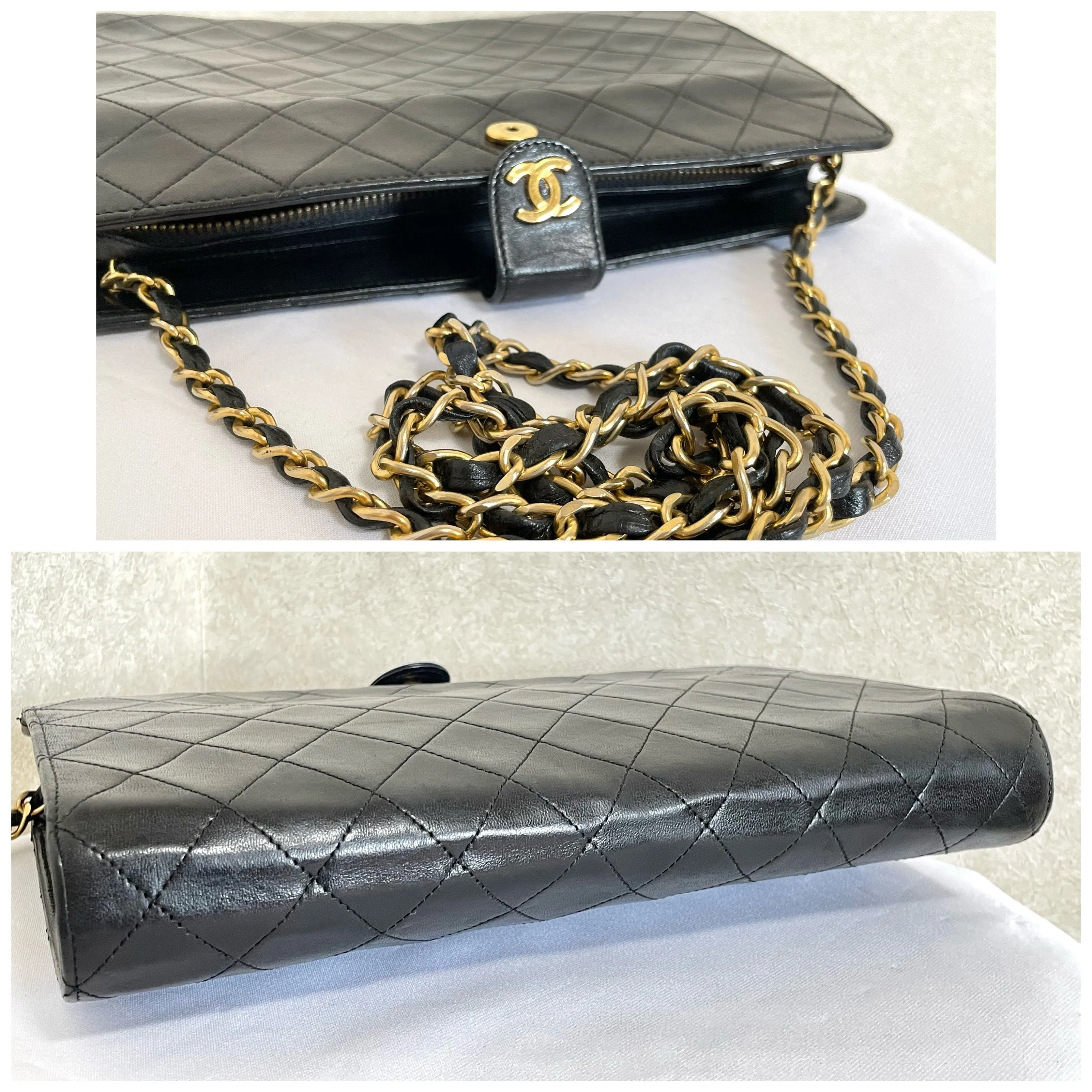 Vintage CHANEL black leather diary book design 2.55 flap shoulder bag with gold tone CC closure. 0407232
