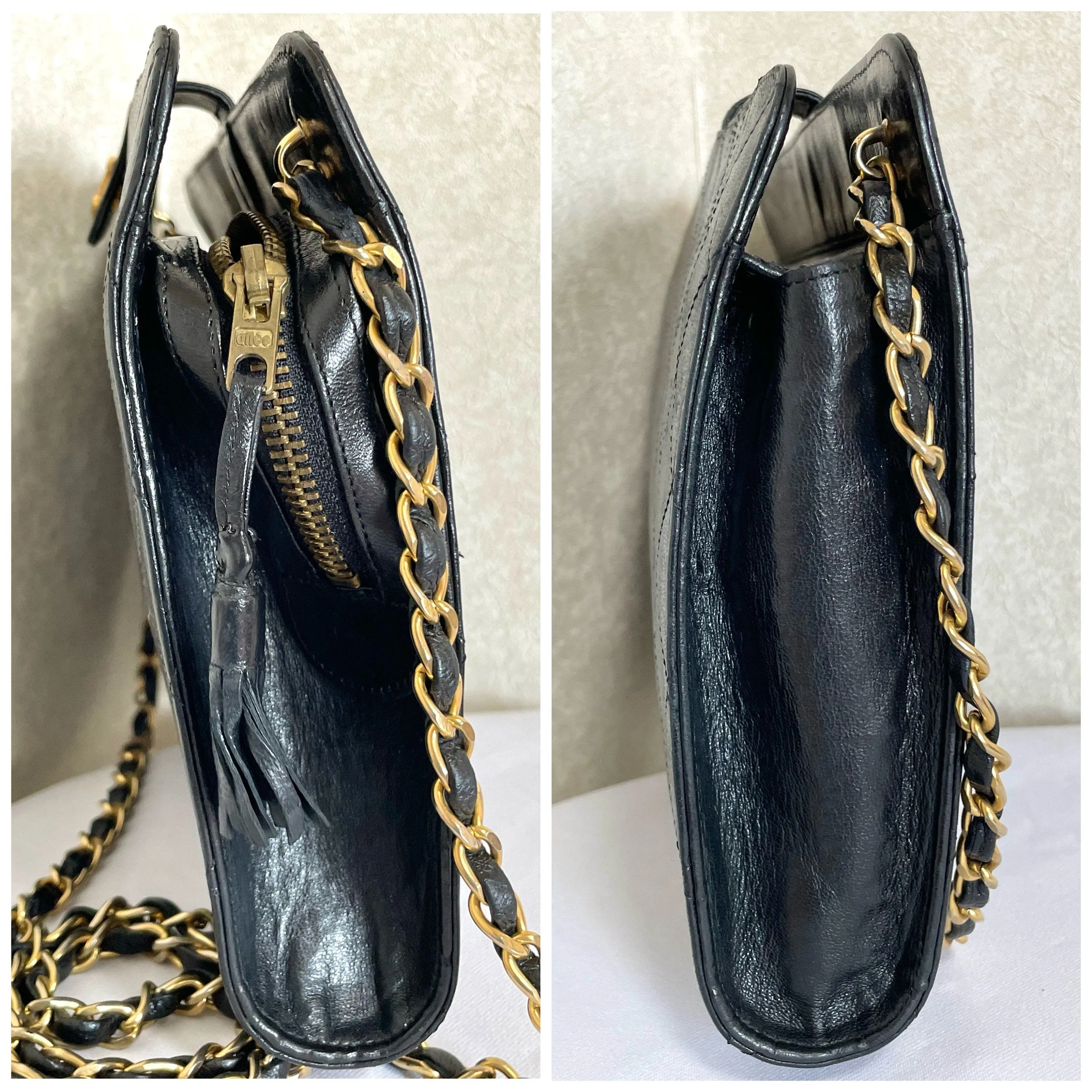 Vintage CHANEL black leather diary book design 2.55 flap shoulder bag with gold tone CC closure. 0407232